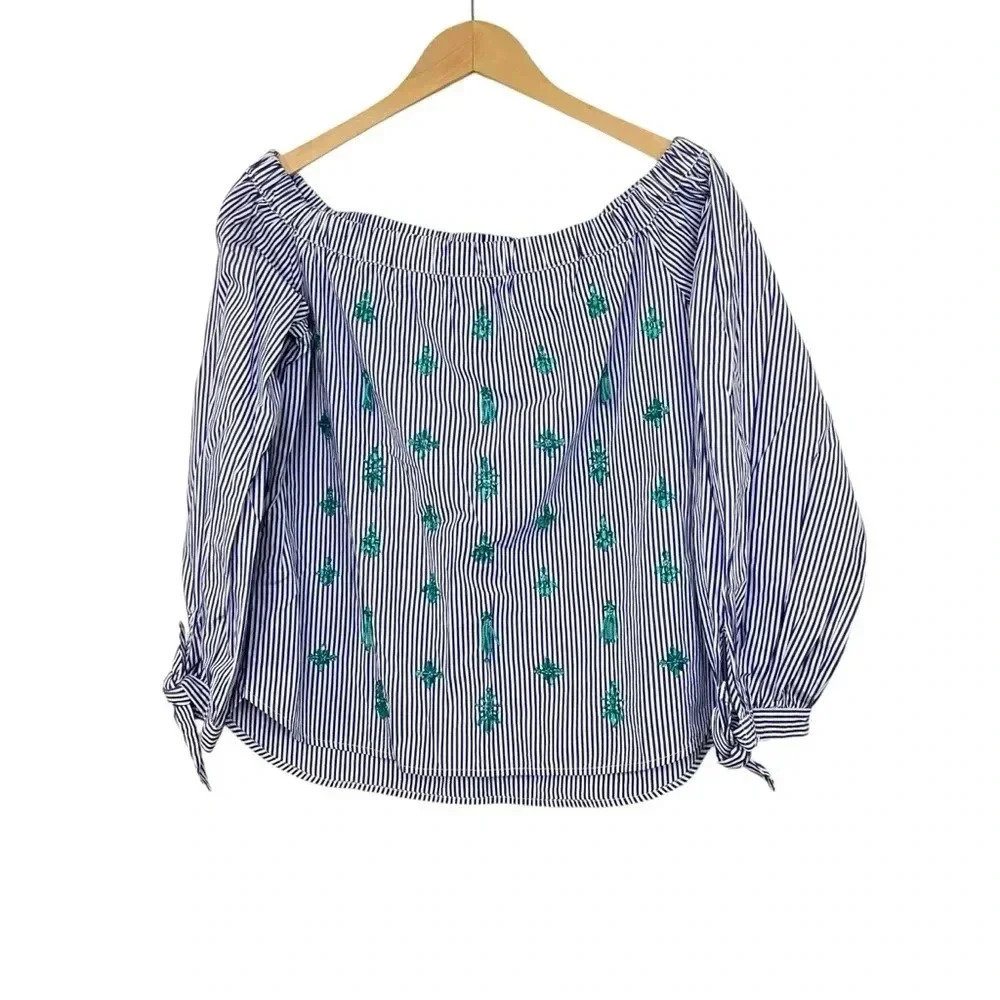 J. Crew Blue Striped Top Size 2 Off Shoulder Embellished